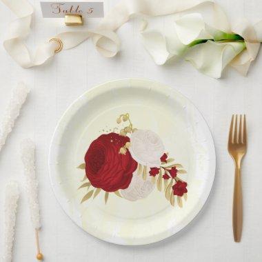 Romantic dark red & white flowers gold paper plates