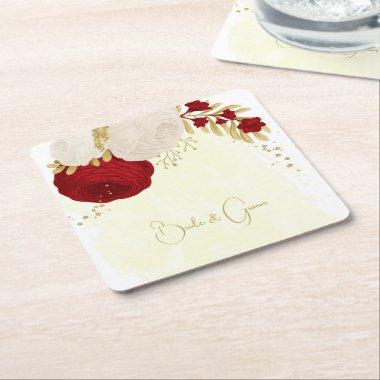 Romantic dark red & white flowers gold wedding square paper coaster