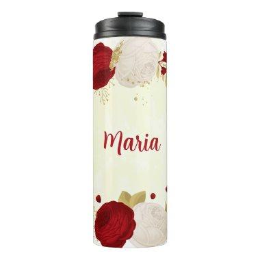 Romantic dark red & white flowers thermal tumbler