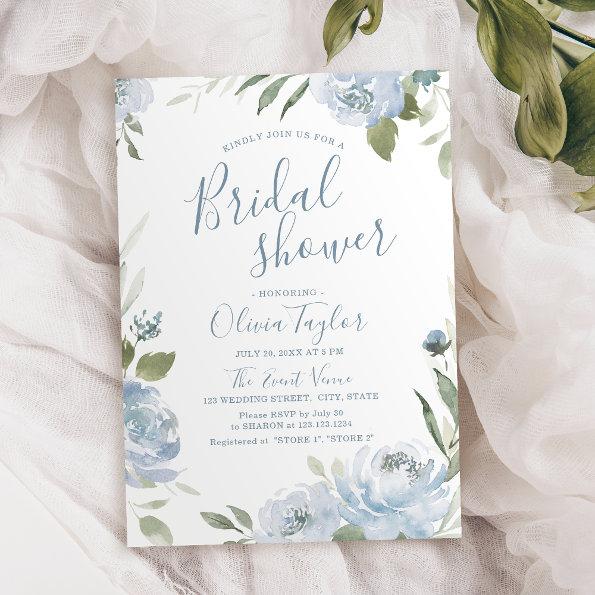 Romantic dusty blue calligraphy Bridal Shower Invitations