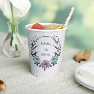 romantic dusty purple and blue flowers paper cups