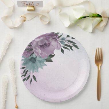 romantic dusty purple and blue flowers paper plates