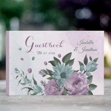 romantic dusty purple and blue flowers wedding gue guest book