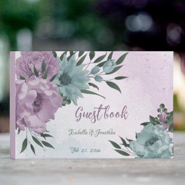 romantic dusty purple and blue flowers wedding guest book
