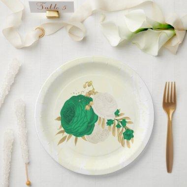 Romantic emerald green & white flowers gold paper plates