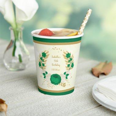 Romantic emerald green & white flowers gold wreath paper cups
