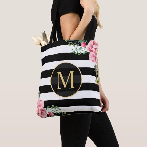 Romantic Floral Black White Stripes Monogram Tote Bag
