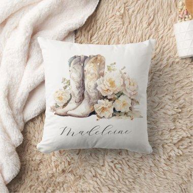 Romantic Floral Cowgirl Boots Calligraphy Name Throw Pillow