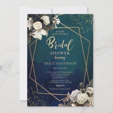 Romantic Floral Gold Wreath Bridal Shower Invitations