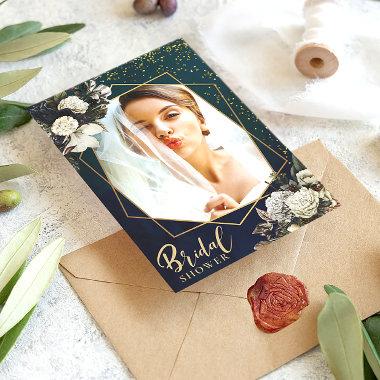 Romantic Floral Gold Wreath Bridal Shower Photo Invitations