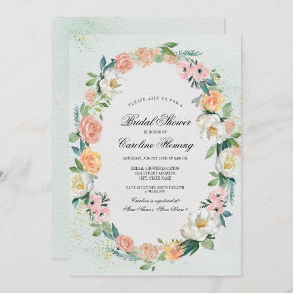 Romantic Floral Wreath Watercolor Bridal Shower Invitations