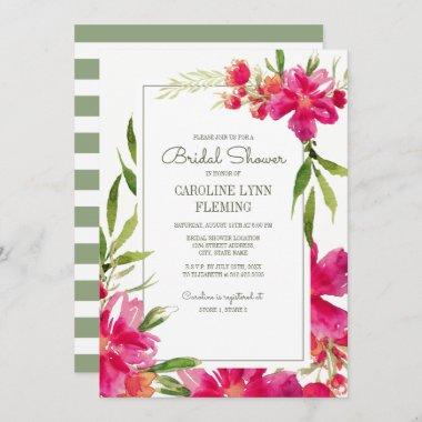 Romantic Fuchsia Green Floral Bridal Shower Invitations