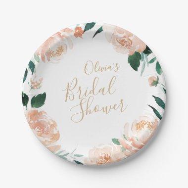Romantic garden peach floral bridal shower paper plates