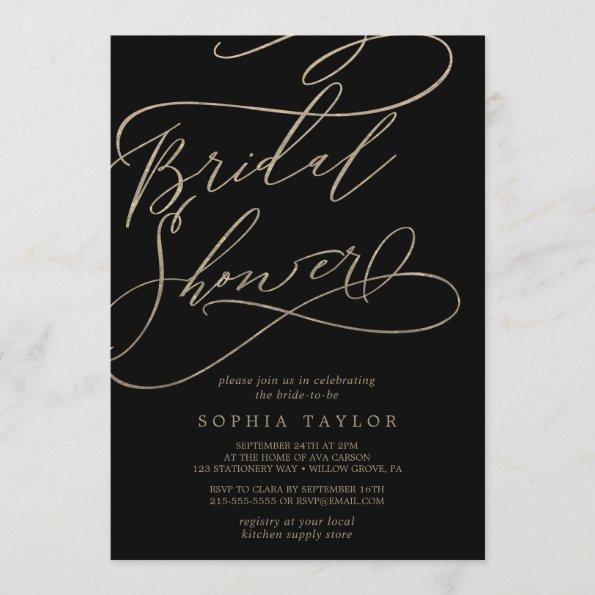 Romantic Gold Calligraphy | Black Bridal Shower Invitations