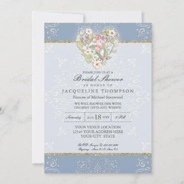 Romantic Heart Lace Dusty Blue Pink Bridal Shower Invitations