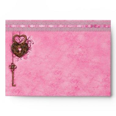 Romantic Heart Lock Key Faux Pink Lace Envelope