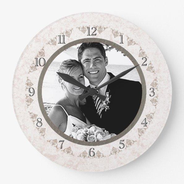 Romantic Ivory Scallop Wedding Photo Large Clock