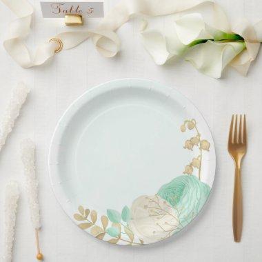 Romantic mint green & white flowers gold paper plates
