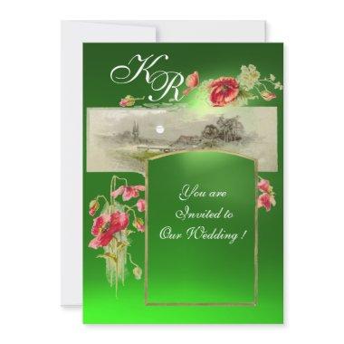 ROMANTİC MONOGRAM / POPPIES,red,green emerald Invitations