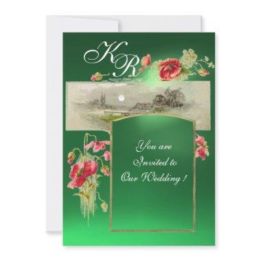 ROMANTİC MONOGRAM / POPPIES,red,green jade Invitations