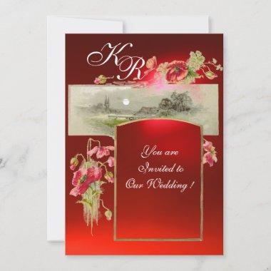 ROMANTİC MONOGRAM / POPPIES,red,green,red ruby Invitations