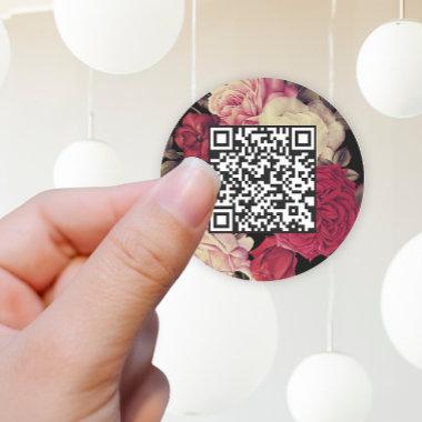 Romantic Moody Floral QR Code Black Classic Round Sticker