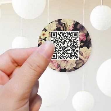 Romantic Moody Floral QR Code Black Classic Round Sticker