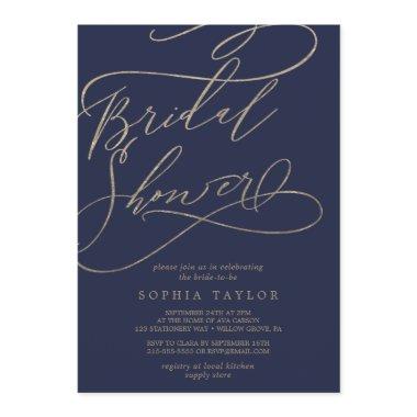 Romantic Navy Calligraphy Flourish Bridal Shower Invitations