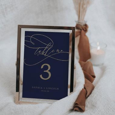 Romantic Navy Gold Calligraphy " Table Number