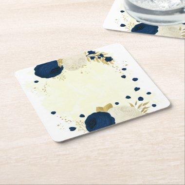 Romantic navy & white flowers gold square paper coaster