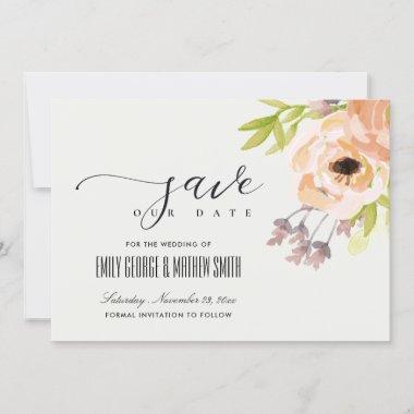 ROMANTIC OFF WHITE BLUSH PINK PURPLE PEACH FLORAL SAVE THE DATE
