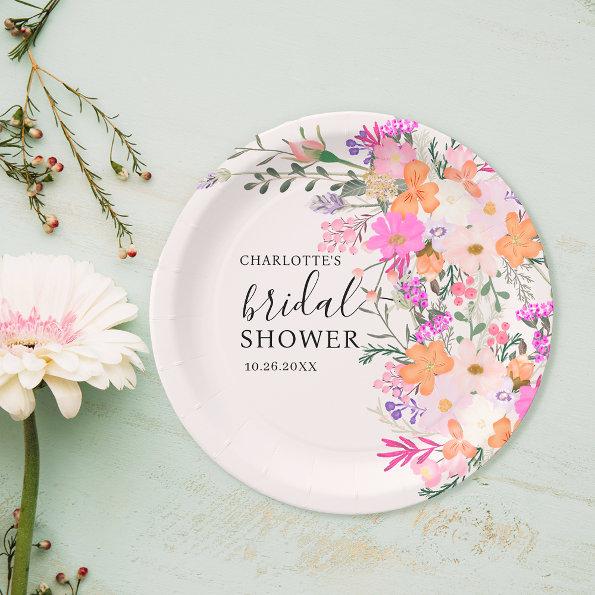 Romantic pastel wild flowers spring bridal shower paper plates