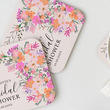 Romantic pastel wild flowers spring bridal shower square paper coaster