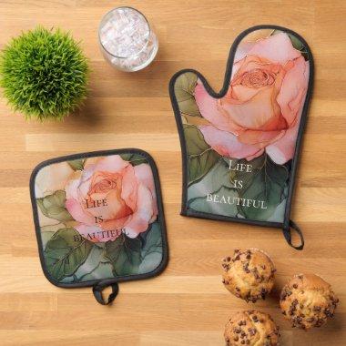 Romantic Peach Rose Floral  Oven Mitt & Pot Holder Set