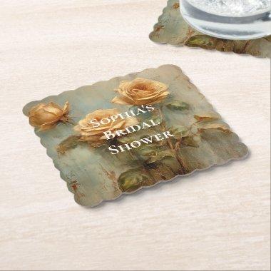 Romantic Peach Roses Floral  Paper Coaster