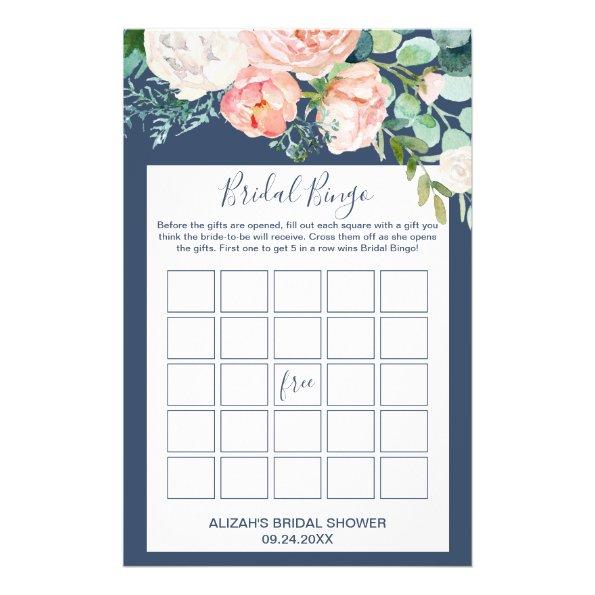 Romantic Peony Flowers | Blue Bridal Bingo Game Flyer