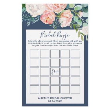 Romantic Peony Flowers | Blue Bridal Bingo Game Flyer