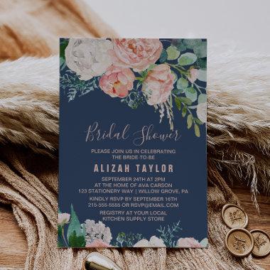 Romantic Peony Flowers | Blue Bridal Shower Invitations