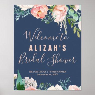 Romantic Peony Flowers Blue Bridal Shower Welcome Poster