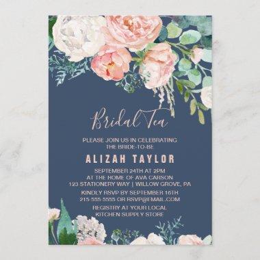 Romantic Peony Flowers | Blue Bridal Tea Invitations