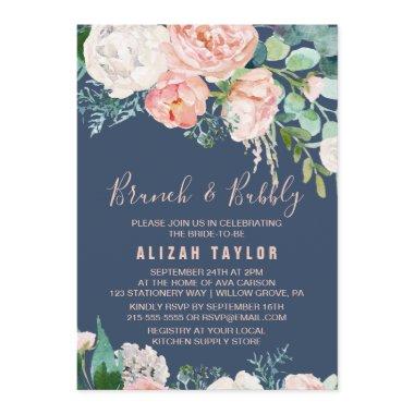 Romantic Peony Flowers | Blue Brunch & Bubbly Invitations