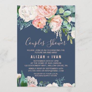 Romantic Peony Flowers | Blue Couples Shower Invitations