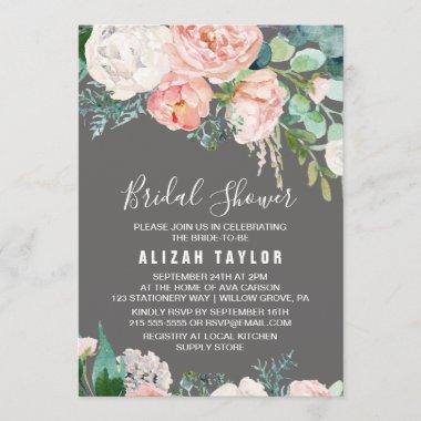 Romantic Peony Flowers | Gray Bridal Shower Invitations