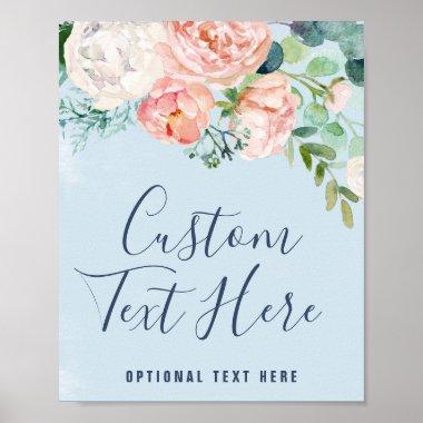 Romantic Peony Flowers | Light Blue Custom Text Poster