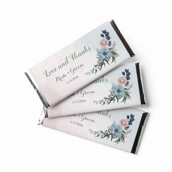 Romantic pink blue flowers greenery wedding hershey bar favors