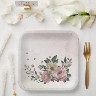 romantic pink & champagne flowers paper plates