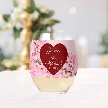 Romantic Pink Cherry Blossoms Stemless Wine Glass