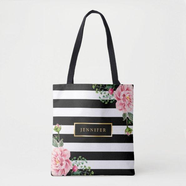 Romantic Pink Floral Black White Stripes Tote Bag