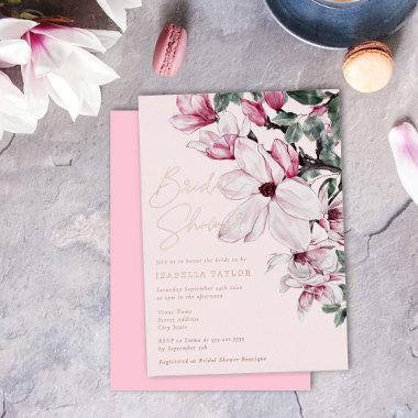 Romantic Pink Floral Rose Gold Bridal Shower Foil Invitations