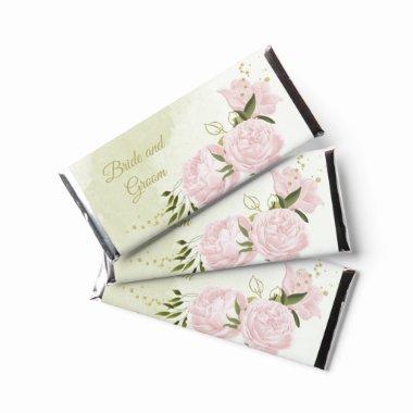 romantic pink flowers with green leaves wedding hershey bar favors